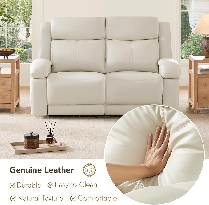 Watson & Whitely Genuine Leather Power Loveseat Recliner Sofa, 2 Seat Wall Hugger Reclining Sofa with Power Headrest & Charging Ports, Dual Recliner Sofas for Living Room, RV, Cream