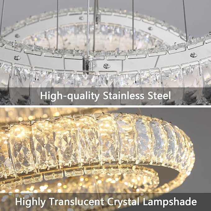 3 Rings LED Chandelier Modern Dimmable Dining Room Chanderliers Entryway Crystal Pendant Lights for Kitchen Bedroom Living Room Silver Light