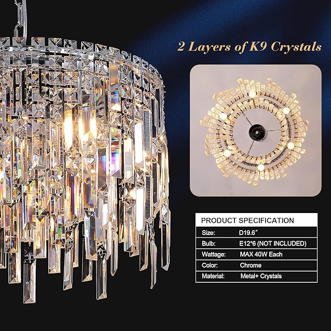 Round Crystal Chandelier Modern 20" Drum Chandelier with Chain Chrome Adjustable K9 Raindrop Crystal Ceiling Pendant Fixtures 2 Tiers for Dining Room Bedroom Living Room
