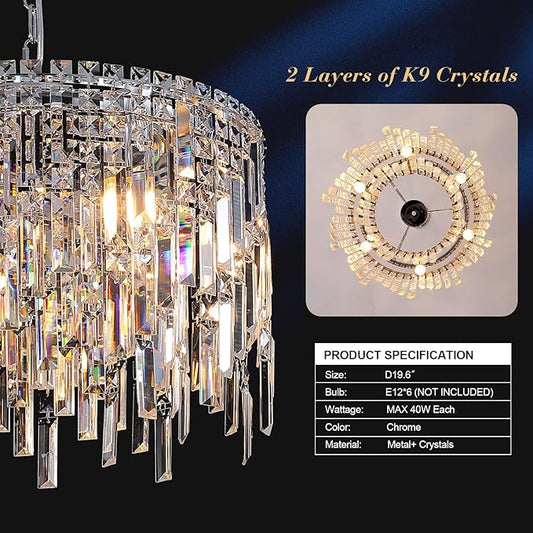 Round Crystal Chandelier Modern 20" Drum Chandelier with Chain Chrome Adjustable K9 Raindrop Crystal Ceiling Pendant Fixtures 2 Tiers for Dining Room Bedroom Living Room