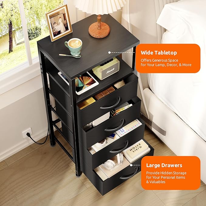 NightStand Bedside Charging Table Bedroom - Black Night Stand with Charger Station, Modern Bed Side End Table with Open Shelf & 4 Fabric Drawers, USB-C Port for Dorm Living Room
