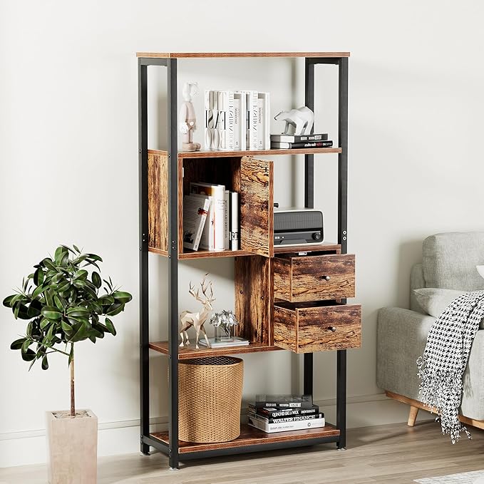 VECELO 5-Tier Bookshelf,Bookcase with 2 Storage Drawers and 1 Cabinet, Wood Board with Metal Frame Open Book Shelves Standing Shelf Unit for Living Room, Home Office,Bedroom