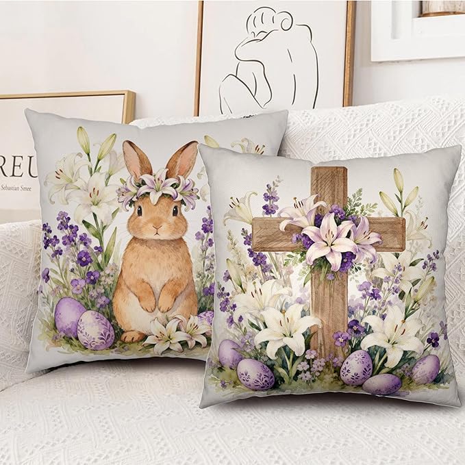 Easter Bunny Throw Pillow Covers 24x24 Set of 2 Watercolor Purple Floral Cross Pillow Covers Spring Lily Flowers Rabbit Farmhouse Decorative Throw Pillows for Home Couch Sofa Bed Porch Decor