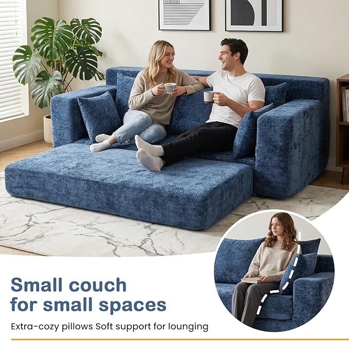 Boneless Couches 70", 3 Seater Boneless Couch with Pull Out Sofa Bed, Boneless Couch with 5 Pillows, Plush Velvet Sofa for Living Room & Bedroom, Blue