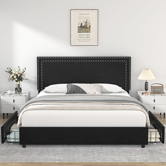 VECELO Queen Size Upholstered Platform Bed Frame with 4 Storage Drawers, Adjustable Velvet Rivets Headboard, Wooden Slats Support, No Box Spring Needed, Easy Assembly