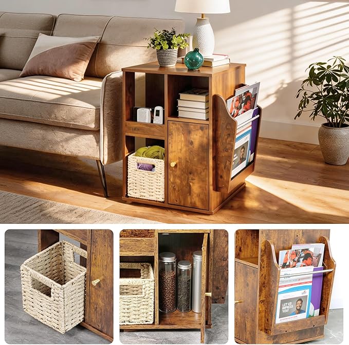 TooCust Rotating End Table with Storage, Square Rotating Side Table Living Room, Side Table with Magazine Holder, Basket and Cabinet, Swivel End Table with Multiple Storage (Rustic Brown)
