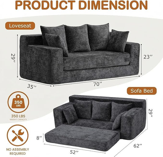 Convertible Sofa Bed, 5 in 1 Small Boneless Couch Pull Out Loveseat Sleeper Sofa,Corduroy Futon Couch Folding Mattress with 4 Pillows for Living Room Bedroom Lounge (Dark Gray, 3 Seater)