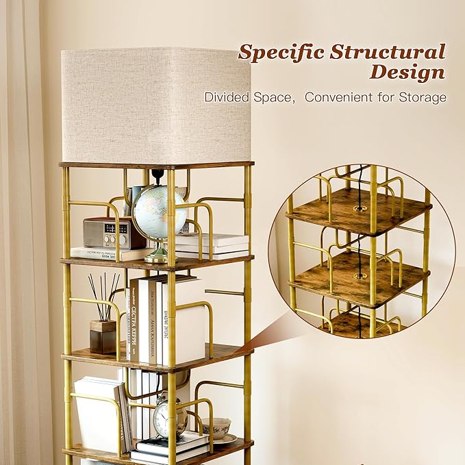 4 Tier Rotating Bookshelf with LED Light 360° Swivel Bookcase with Wheels Space-Saving Tall Corner Shelf Square Floor Standing Shelf Metal and Wood Bookshelves for Bedroom Living Room Office