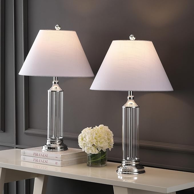 JONATHAN Y 29" Clear/Chrome Glass LED Table Lamp Set of 2, Modern Bedside Nightstand Lamps for Living Room Bedroom Office, White Linen Shade, Transitional Decor JYL4014A-SET2