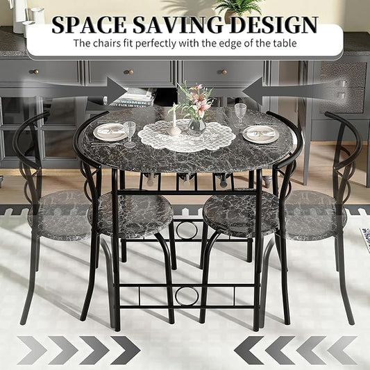VECELO 3-Piece Dining Table Set for Kitchen Breakfast Nook, Wood Grain Oval Tabletop and Metal Frame with Built-in Wine Rack, for Small Spaces, Faux Marble Black