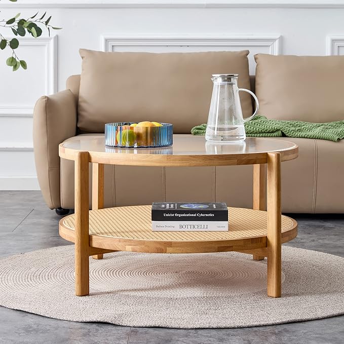 Tempered Glass Round Coffee Table, Farmhouse Circle Coffee Table with Rattan Woven Shelf for Storage, Solid Wood Circular Center Table for Living Room