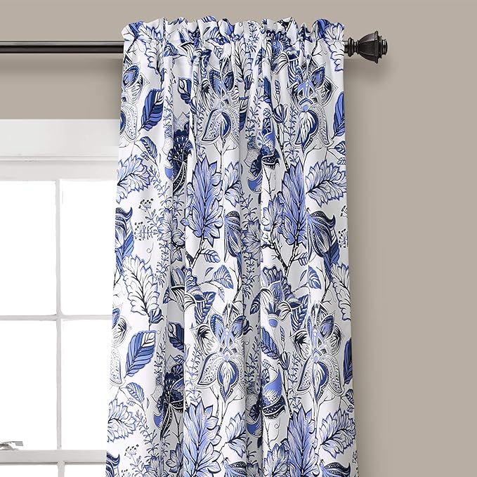 Lush Decor Cynthia Jacobean Light Filtering Window Curtain Set, 84" L Panel Pair, Blue, 2 Count