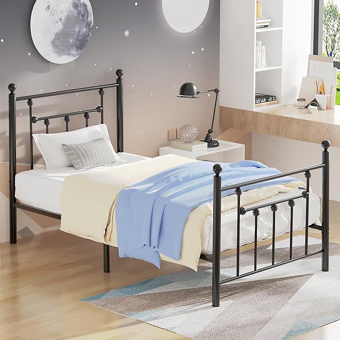 VECELO Twin Size Metal Platform Bed Frame with Headboard and Footboard, Heavy Duty Slat Support/No Box Spring Needed Mattress Foundation/Underbed Storage Space, Victorian Style