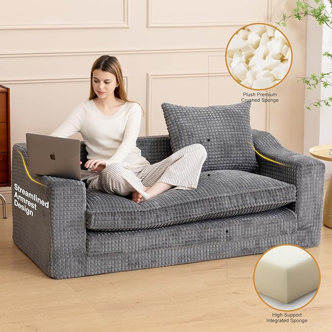 61" Convertible Sofa Bed Loveseat, Memory Foam Boneless Floor Couch with Removable Corduroy Cover, Tri-folding Compact Full-size Sleeper for Small Living Room, Playroom, Guest Room, RV (Dark Gray) | Convertible Sofa Bed, Premium Memory Foam, Ergonomic ...