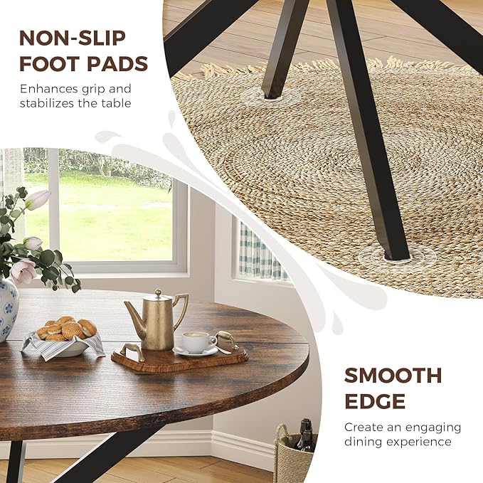 Unovivy 47 Inch Round Dining Table for 4,Space Saving Circle Dining Table with Pedestal Metal Frame,Farmhouse Wood Round Kitchen Table for Living & Dining Room,Rustic Brown