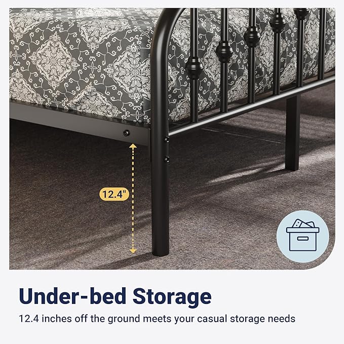 Allewie Twin Size Metal Platform Bed Frame with Vintage Headboard and Footboard, No Box Spring Needed, Easy Assembly, Black
