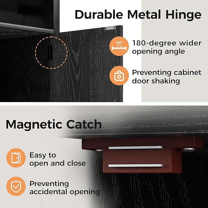 RoyalCraft Nightstand Set of 2, Black End Table with Charging Station, Wooden End Table, Rustic Night Stand with Storage Cabinet and Shelf, Tall Bedside Table for Bedroom, Home Office, Black