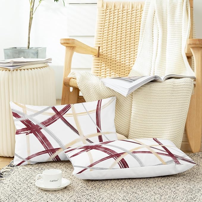 CaliTime Throw Pillow Cases Pack of 2 Cozy Fleece Arc-Shaped Abstract Geometric Lines Decorative Cushion Covers for Couch Bed Sofa Farmhouse Decoration 12 X 20 Inches Burgundy Dusty Pink Grey