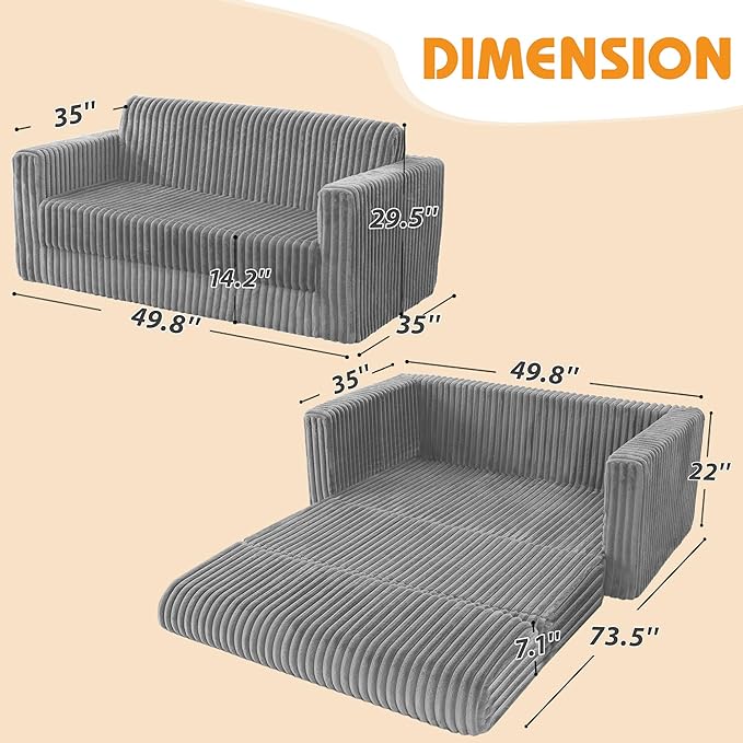 HABUTWAY Folding Sofa Bed, 2 in 1 Convertible Sleeper Chair with Armrest, Portable Fold Out Chair Bed, Comfy Floor Couch, Lazy Sofa for Living Room Bedroom Dorm Home Office, Light Grey