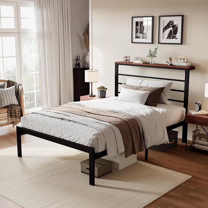 SHA CERLIN Twin Size Bed Frame with Headboard Shelf and Strong Metal Foundation, No Box Spring Needed, Brown