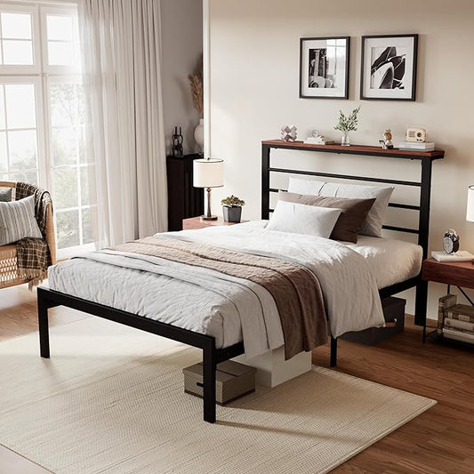 SHA CERLIN Twin Size Bed Frame with Headboard Shelf and Strong Metal Foundation, No Box Spring Needed, Brown