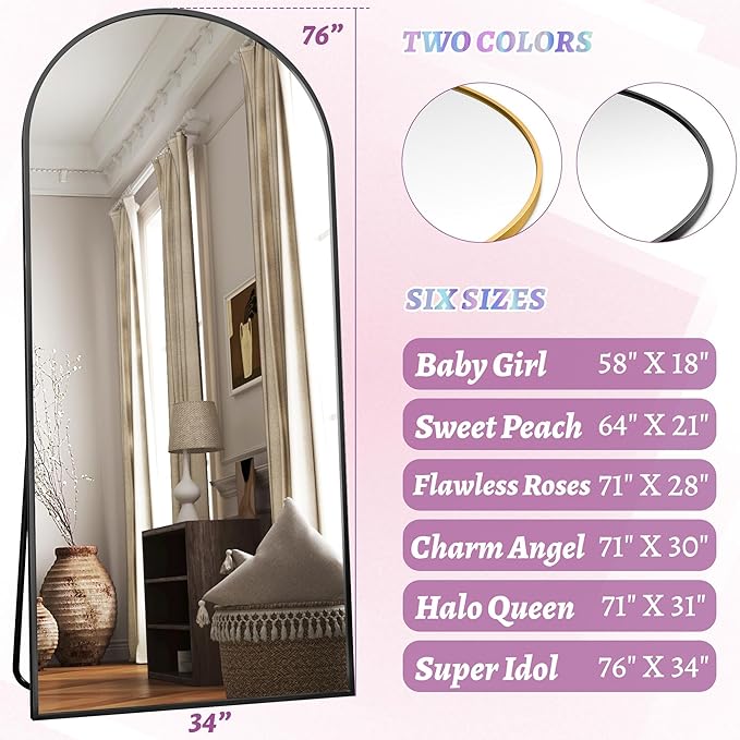 Floor Mirror, 76"×34" Full Length Mirror with Stand for Bedroom Living Room, Black