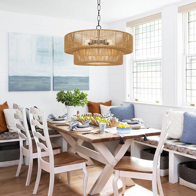 LamQee 22 Inch Farmhouse Rattan Chandeliers, 5 Lights Boho Chandelier Light Fixture with Hand Woven Wicker Shade, Large Rattan Pendant Lights Ceiling Hanging Lighting for Dining Room Kitchen Island