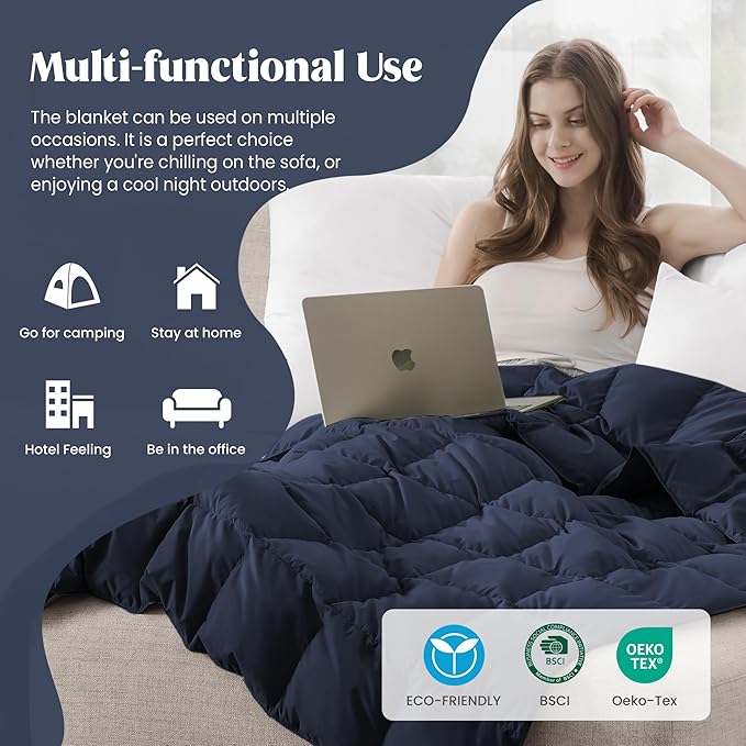 puredown® Soft Feather Down Blanket Lightweight Packable Down & Feather Fill Blanket for Indoor and Outdoor Use, Queen Size Blankets, 88"X90", Navy