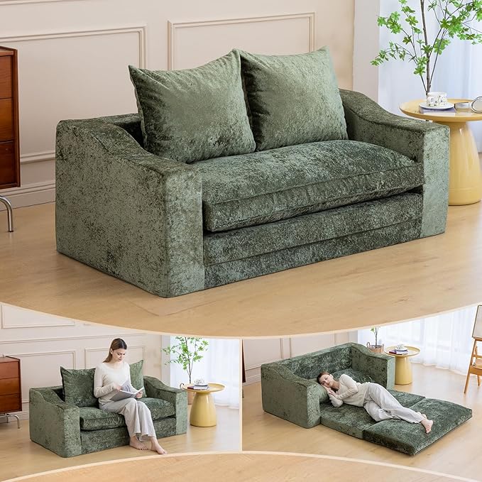 61" Convertible Sofa Bed Loveseat, Memory Foam Boneless Floor Couch with Removable Plush Velvet Cover, Tri-folding Compact Full-size Sleeper for Small Living Room, Playroom, Guest Room, RV (Emerald) | Convertible Sofa Bed, Premium Memory Foam, Ergonomi...