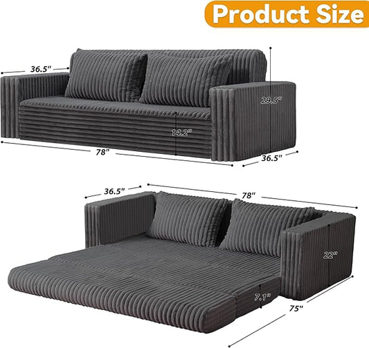 HABUTWAY Folding Sofa Bed, 2 in 1 Convertible Sleeper Chair with 2 Pillows, Portable Fold Out Chair Bed with Armrest, Comfy Floor Couch, Lazy Sofa for Living Room Bedroom Dorm Home Office, Grey