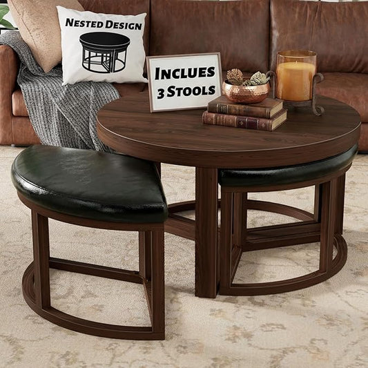 30 Inch Round Coffee Table with Stools - Small Modern Tables Set with 3 Chairs Ottomans Seating Seats Walnut Wood