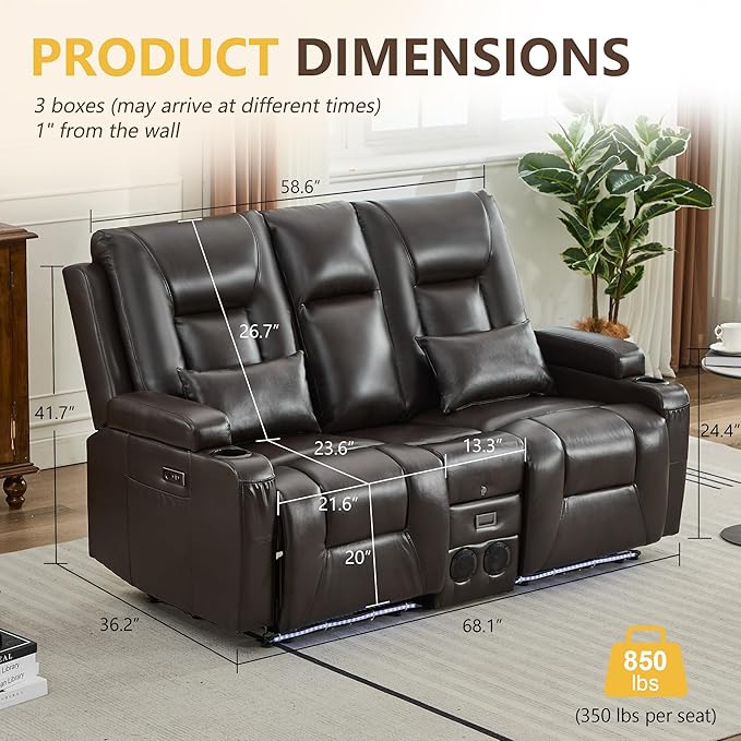 URRED Power Loveseat Recliner Sofa with Console, Wall Hugger Reclining Loveseat RV Couch with LED Light, 150° Zero Gravity Recliners Modular Couches for Living Room (Glossy Brown, 68.1'' - 2 Seats)