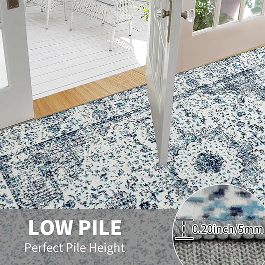 Easy-Going Area Rug 4x6 Washable Boho Rugs for Living Room Non-Slip Bedroom Rug Low Pile Lightweight Floral Print Vintage Throw Rug for Dining Room Kitchen Home Office Carpet, Blue Cream