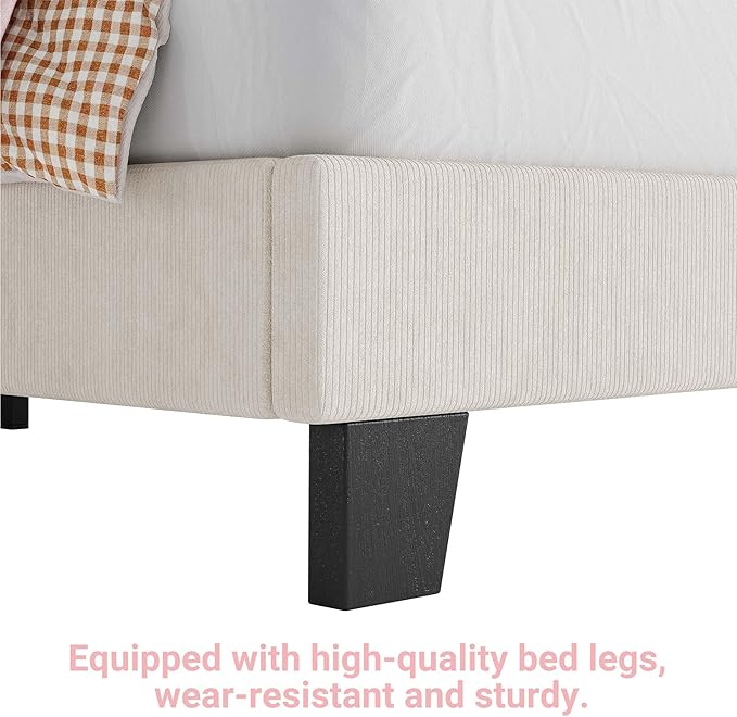 Twin Size Velvet Bed Frame, Corduroy Upholstered Twin Bed Frames Platform with Adjustable Headboard, Cute Velvet Twin Bed, Strong Wooden Slats, No Box Spring Needed, Noise Free, Easy Assembly, Beige