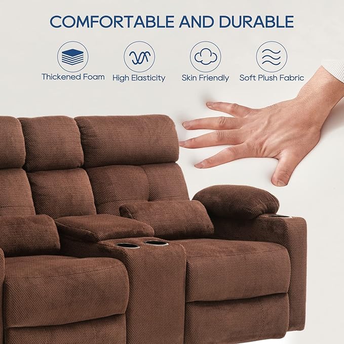 68'' RV Power Reclining Loveseat with Heat and Massage| RV Loveseat Recliner Sofa with Console| Double Reclining Couch with Cup Holder | Loveseat ReclinerTheater Seating(Fabric, Coffee)