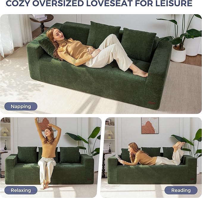 MAXYOYO Modular Sofa Couch, 75" Oversized Loveseat Boneless Cloud Couch with Deep Seat, Chenille Upholstered Living Room Sleeper Sofa Chair for Living Room, No Assembly Required, Dark Green