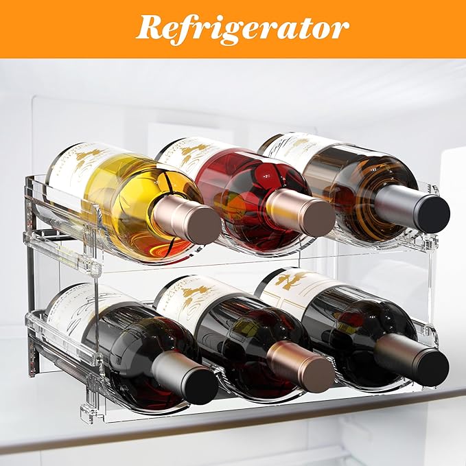 Plastic Stackable Wine Rack for Refrigerator, 2 Tier Large Capacity Water Bottle Organizer for Cabinet, Free-Standing Water Bottle Storage Rack for Fridge, Countertop, Pantry, Freezer, Hold 6 Bottles