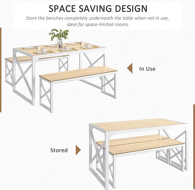 VECELO 55" Kitchen Dining Table Set for 4-6, Wood Dinette 2 Benches with Metal Frame for Dinner Breakfast Nook and Small Space, Oak