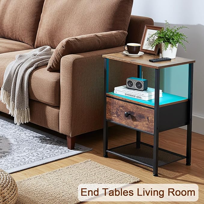Night Stand Set 2, LED Nightstand with Charging Station, End Tables Living Room with Fabric Drawer for Small Spaces, Bed Side Tables with Storage Shelf for Bedroom, Brown, HETS01PBR