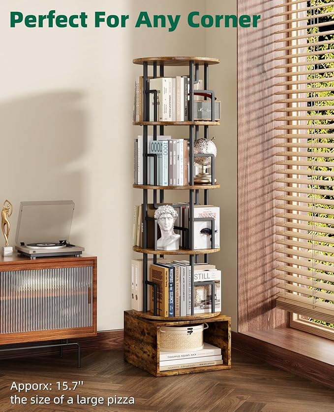 5 Tier Rotating Bookshelf with Extra Storage Cabinet, 360°Spinning Corner Bookshelf, Floor Standing Bookcase for Kids & Adult, Narrow Book Shelf for Bedroom Living Room, Vintage Brown