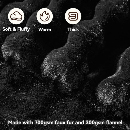 Faux Fur Throw Blanket, 1000GSM Fluffy Soft Bubble Blanket for Couch Bed, Cozy Plush Warm and Thick Blanket, Fuzzy Rabbit Throw for Living Room Bedroom 60''*80'' Black