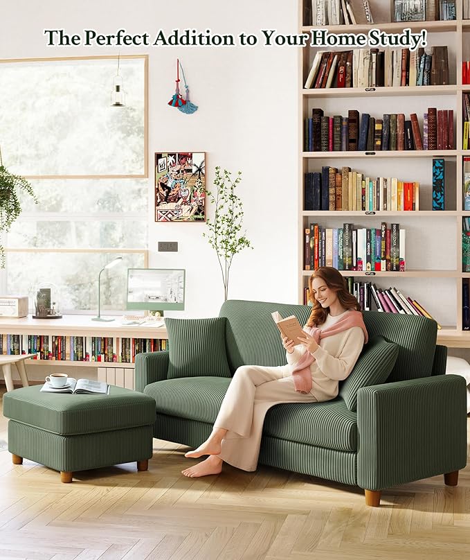 Welzona 70.2" Couches for Living Room, Comfy L Shaped Couch Green 7.1" Thicker Cushion, Sofas for Living Room Tool-Free Setup, Loveseat with Ottoman 705lbs Support, Corduroy Couch for Bedroom, Office
