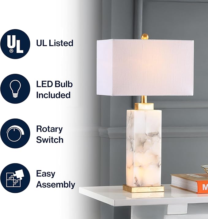 JONATHAN Y 27.5" White/Gold Modern Alabaster LED Table Lamp for Home Decor, White Linen Shade, Coastal Nightstand Lamp with Built-in Base Accent Light JYL6201A
