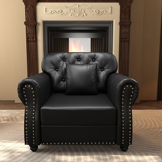 KEIKI 41" Faux Leather Chesterfield Sofa with Rolled Arms & Nailhead Trim, Modern Style 1-Seater Button Tufted Couch with High Resilience Cushion & 1 Pillow, Easy Assembly, for Living Room, Black
