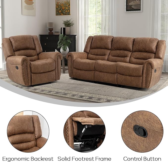 EBELLO Manual Recliner Sofa Set, Faux Leather Fabric Reclining Living Room Set, Included Single Recliner Chair and 3 Seat Manual Sofa, Brown