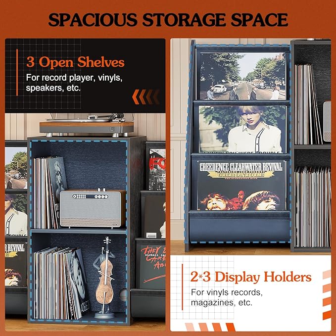 Record Player Stand, Turntable Stand with Vinyl Record Storage 300 Albums, Record Player Table with Record Holder Vinyl Display Shelf Organizer Rack, Record Player Cabinet for LP Media Stereo Audio AV