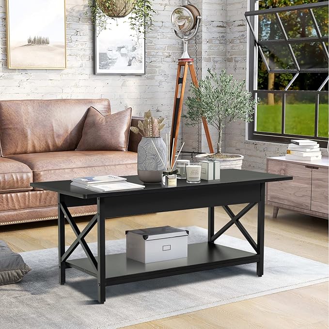 COSTWAY Industrial Coffee Table, 2-Tier Wood Cocktail Tea Table with Storage Shelf and X-Shape Steel Frame, Rectangle Sofa Side Accent Table for Living Room Home Office, Black