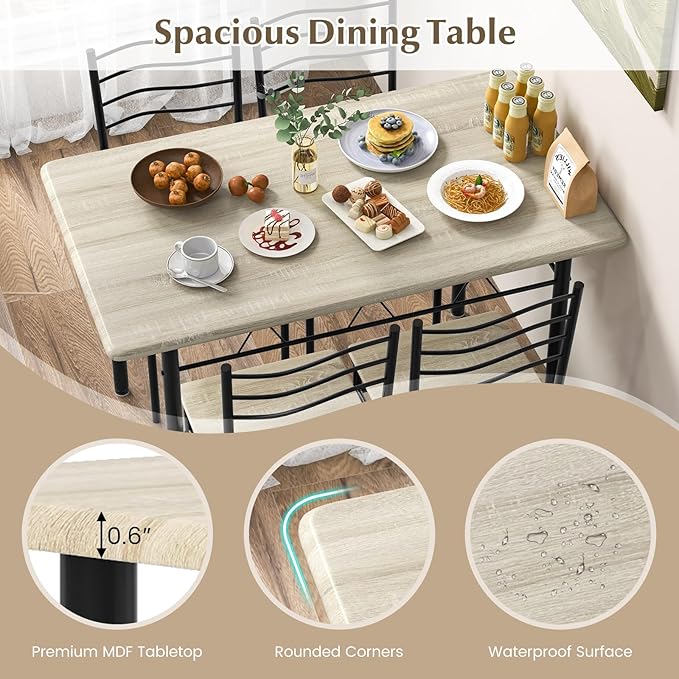 COSTWAY Kitchen Table Chairs Set of 4, 5 Piece Metal Rectangular Dinette Set w/Non-Slip Pad, Space-Saving Design, Modern Dining Room Table Set for Small Place Breakfast Nook Restaurant (Natural)
