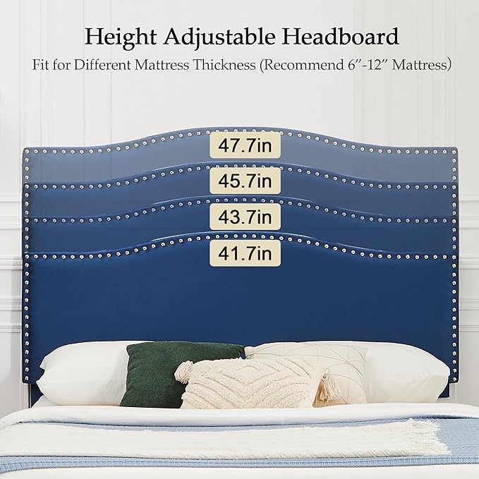 VECELO Full Bed Frame, Platform Bed Frame with Adjustable Height Upholstered Headboard, Heavy-Duty Frame and Strong Wooden Slats Support, Non-Slip and Noise-Free, Easy Assembly, Dark Blue