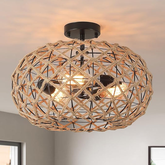 3-Light Large Coastal Woven Flush Mount Ceiling Light Fixture 17.7 inch Boho Rustic Handmade Hemp Rope Round Cage Semi Flush Mount Ceiling Lighting for Bedroom Entry Farmhouse Hall Beach, Black